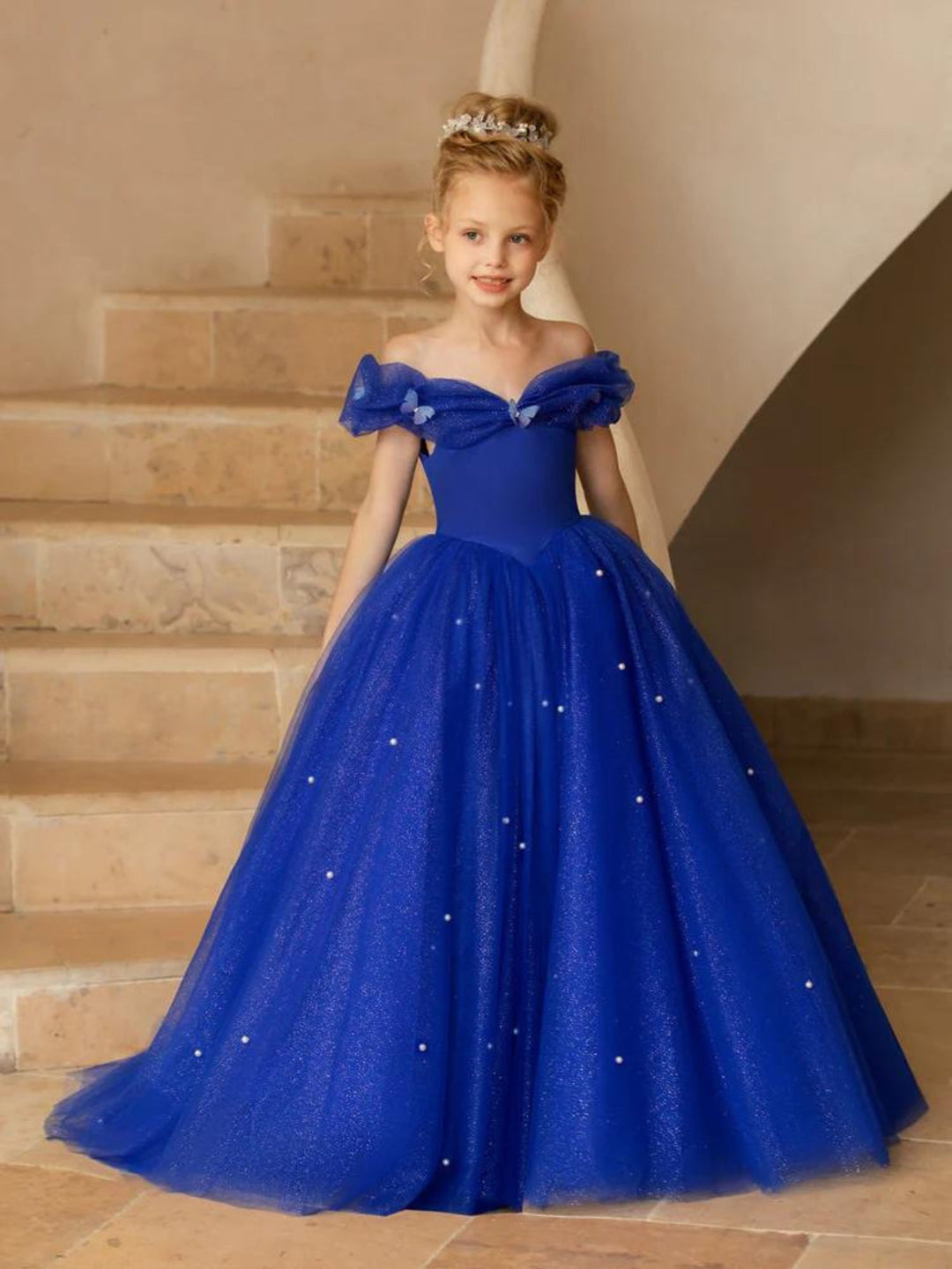 A-Line/Princess Off-the-shoulder Short Sleeves Floor Length Flower Girl Dresses with Pearls