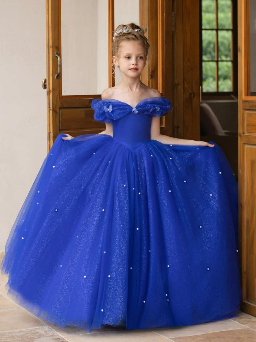 A-Line/Princess Off-the-shoulder Short Sleeves Floor Length Flower Girl Dresses with Pearls