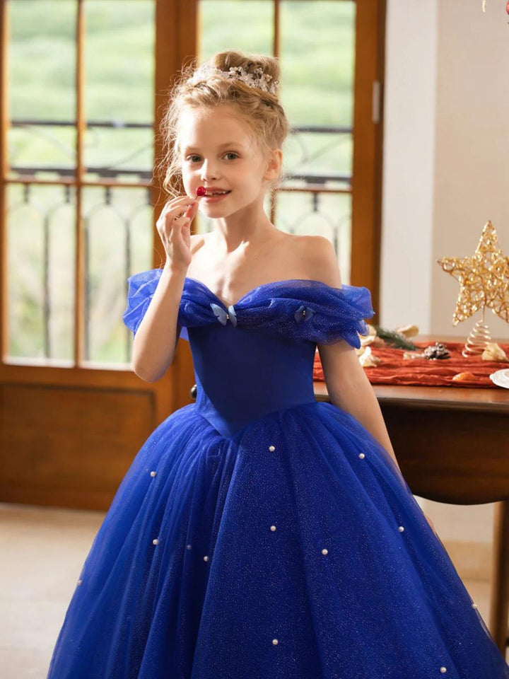 A-Line/Princess Off-the-shoulder Short Sleeves Floor Length Flower Girl Dresses with Pearls