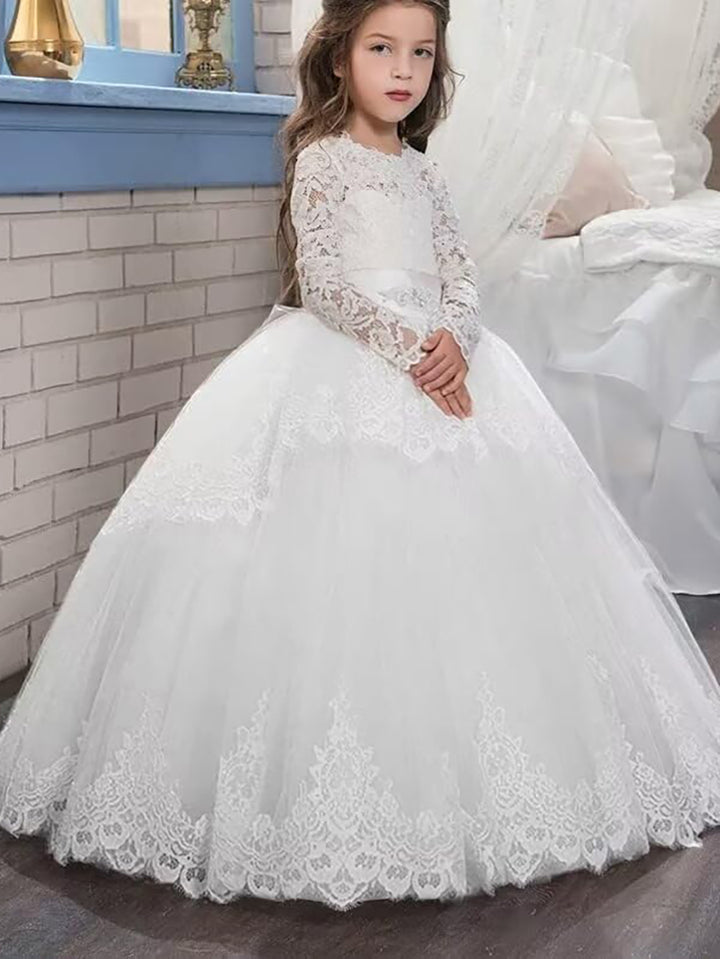 Ball Gown Scoop Neck Long Sleeves Flower Girl Dresses with Lace Appliques & Bow