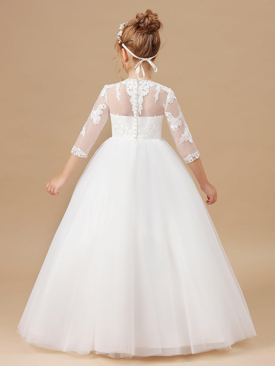 A-Line/Princess Scoop 3/4 Sleeves Floor Length Flower Girl Dresses with Appliques