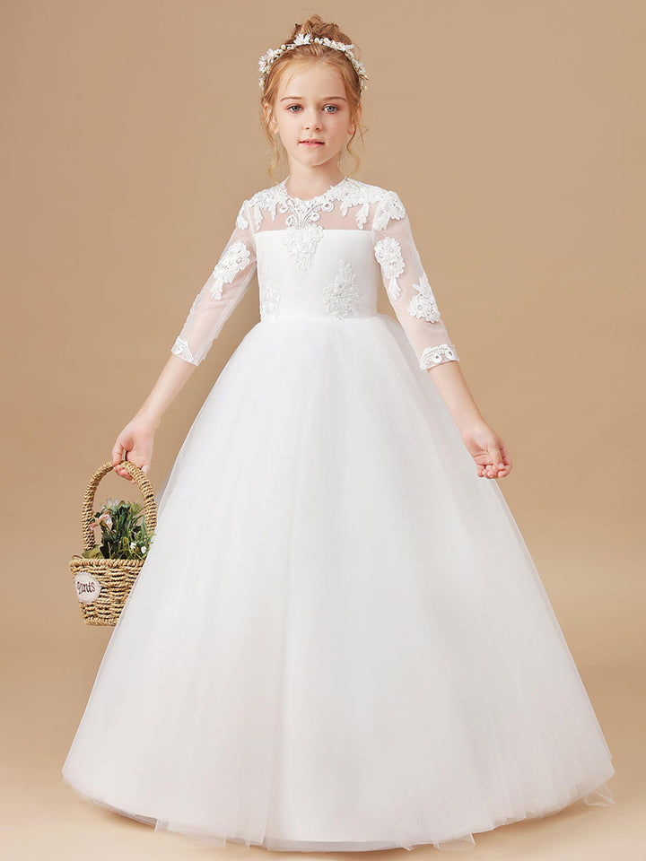 A-Line/Princess Scoop 3/4 Sleeves Floor Length Flower Girl Dresses with Appliques