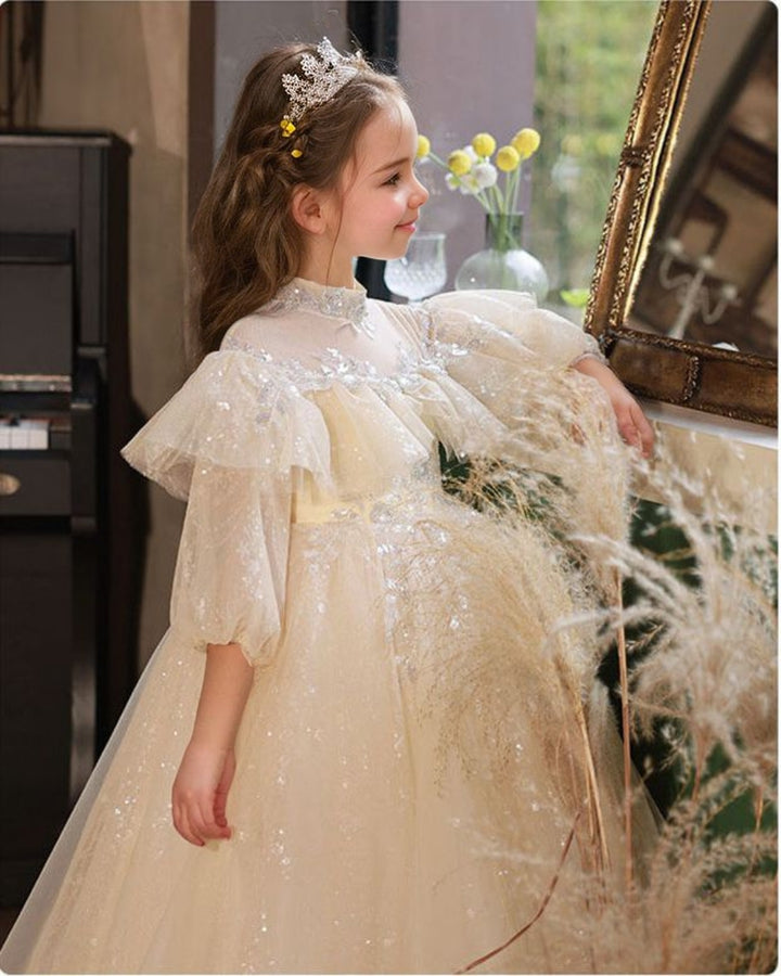 3/4 Sleeves High Neck A-Line/Princess Lace Flower Girl Dress with Rhinestone Appliques