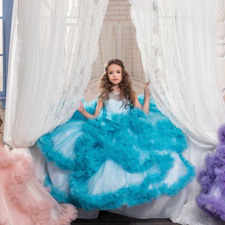 Layered Ruffle Ball Gown Flower Girl Dresses with Rhinestone