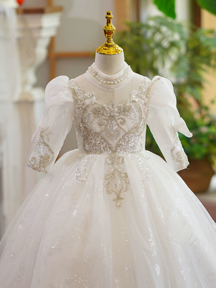 Princess Beading Neck Half Sleeve Flower Girl Dresses with Lace Appliques & Rhinestone