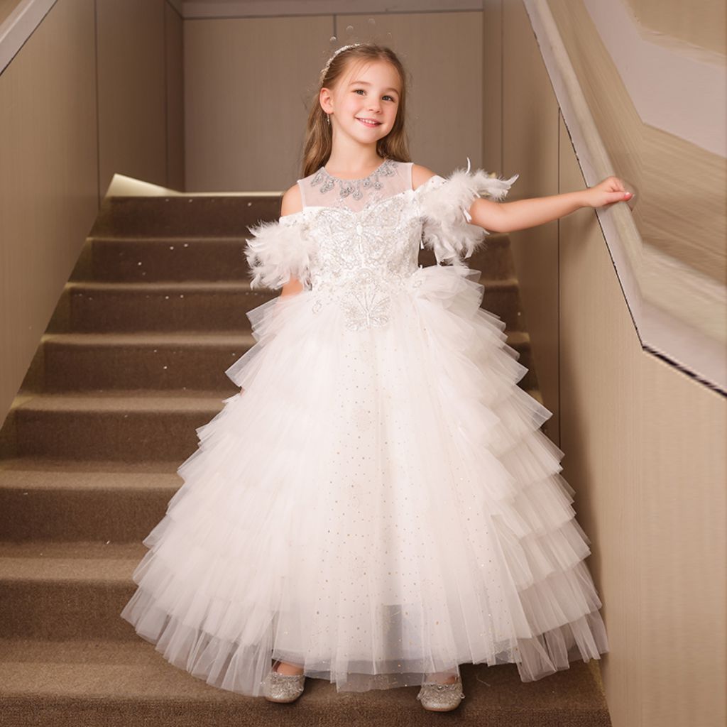 Princess Ruffles Layered Rhinestone Floor Length Flower Girl Dresses with Feathers