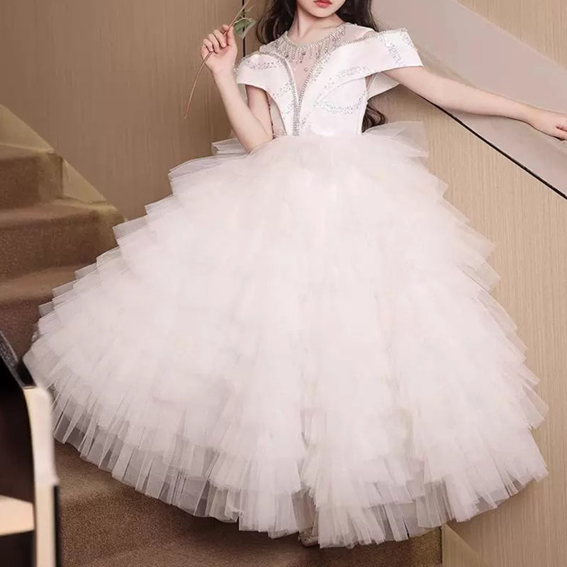 Ball Gown Off-the-Shoulder Layer Princess Flower Girl Dresses with Crystal