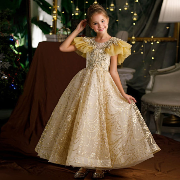 Ruffle Sleeves A-Line/Princess Floor Length Girl Party Dress with  Rhinestones Appliques