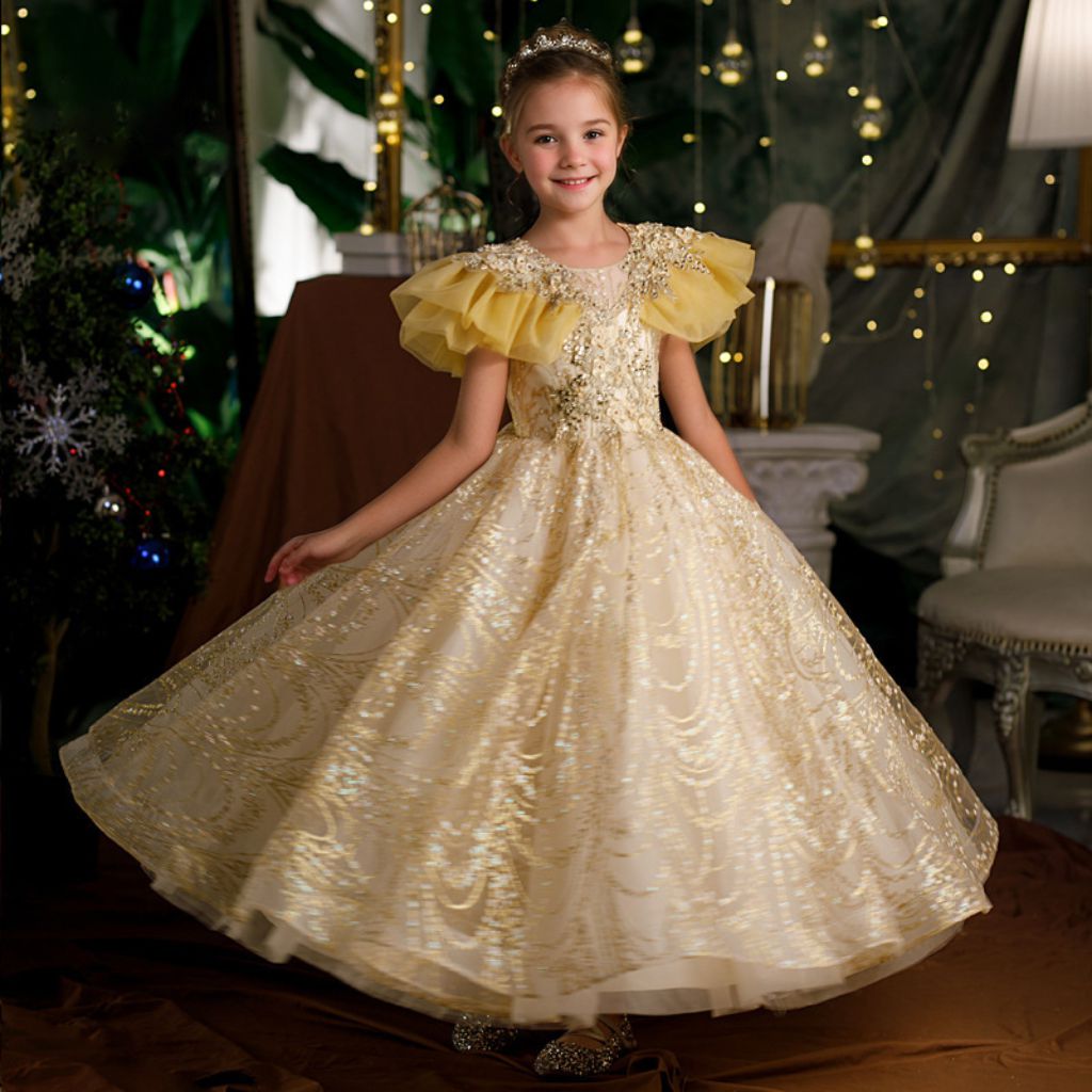 Ruffle Sleeves A-Line/Princess Floor Length Girl Party Dress with  Rhinestones Appliques