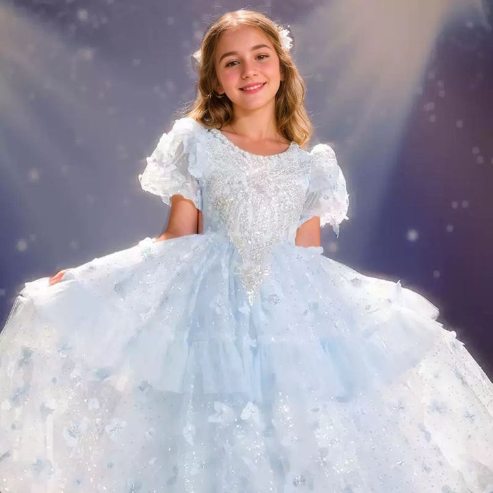 Beading Round Neck Short Sleeves Princess Girl Party Dress with Rhinestone Appliques