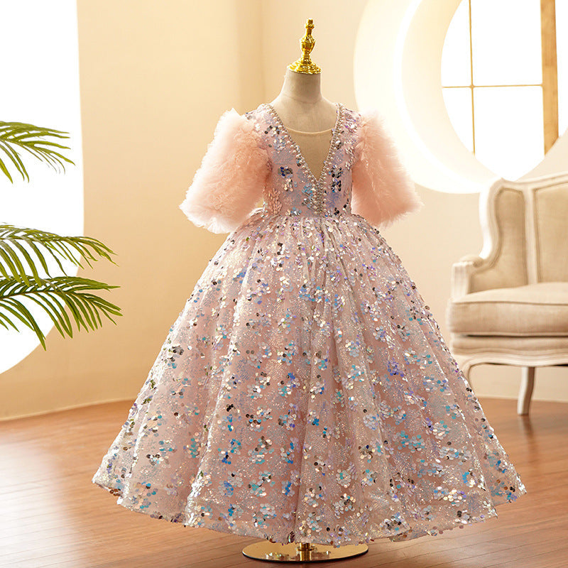 Ruffle Sleeves Floor Length Princess Flower Girl Party Dress with  Rhinestones & Beading