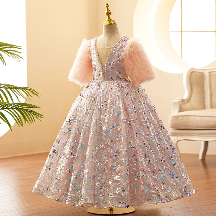 Ruffle Sleeves Floor Length Princess Flower Girl Party Dress with  Rhinestones & Beading