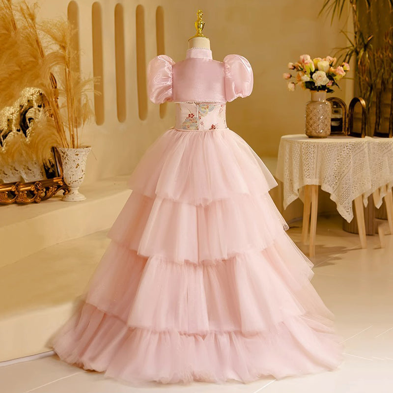 High Neck Traditional High-Low Embroidery Flower Girl Dress with Beading