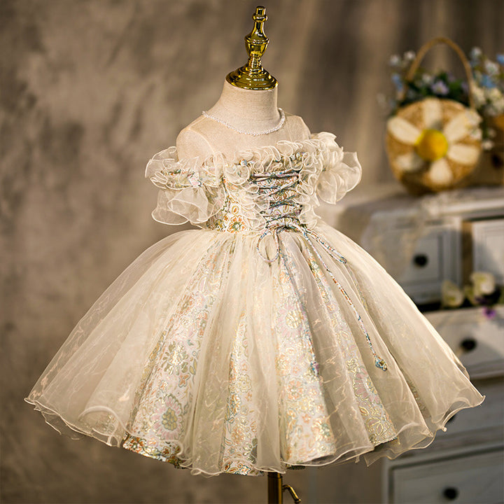 Ruffled short Sleeves Knee-Length Embroidery Flower Girl Dress with Beading