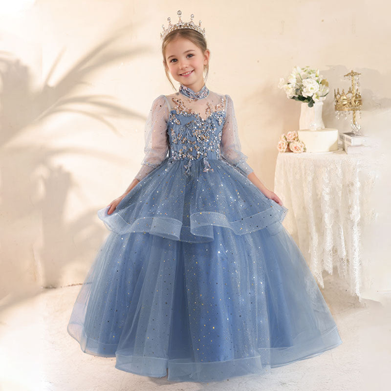 Long Sleeves A-Line/Princess High Neck Girl Party Dress with Rhinestones Appliques