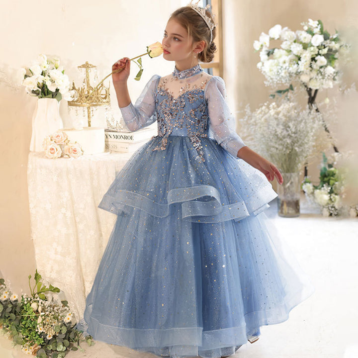 Long Sleeves A-Line/Princess High Neck Girl Party Dress with  Rhinestones Appliques