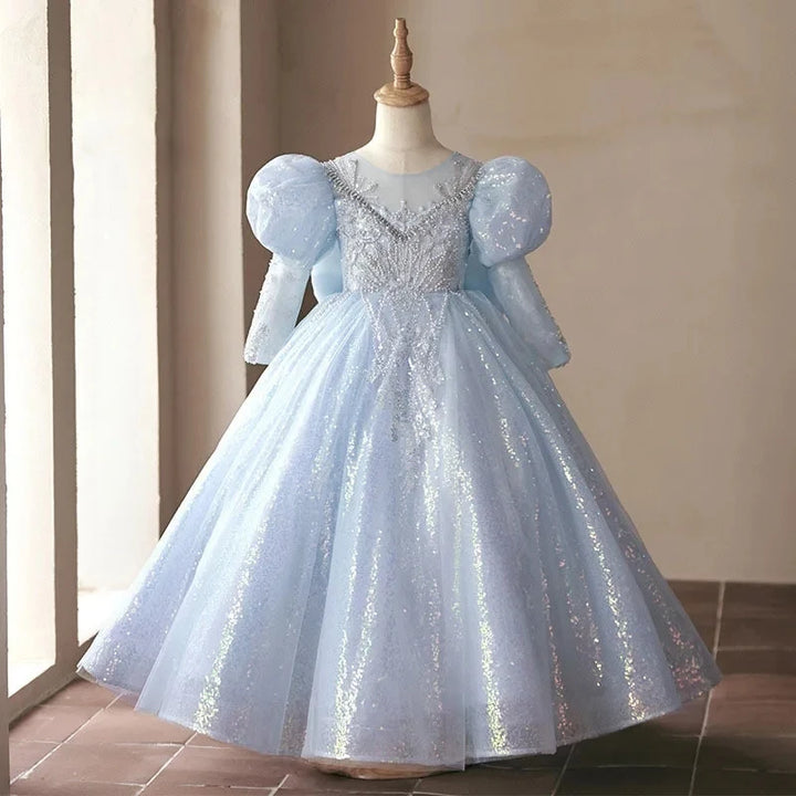 Long Sleeves Ball Gown Beading Appliques Shinning Girl Party Dress with Bow