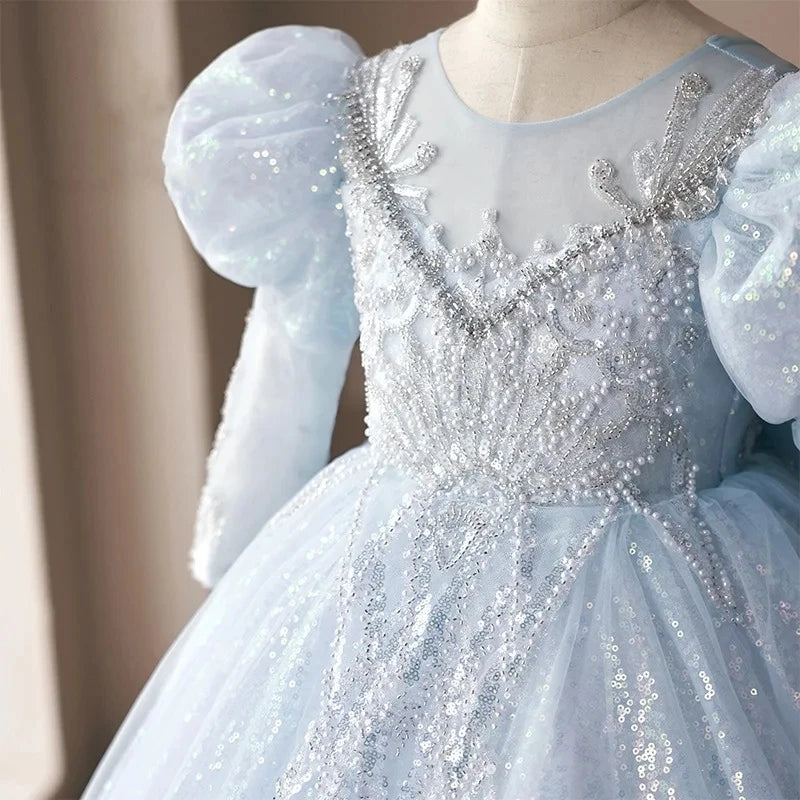 Long Sleeves Ball Gown Beading Appliques Shinning Girl Party Dress with Bow