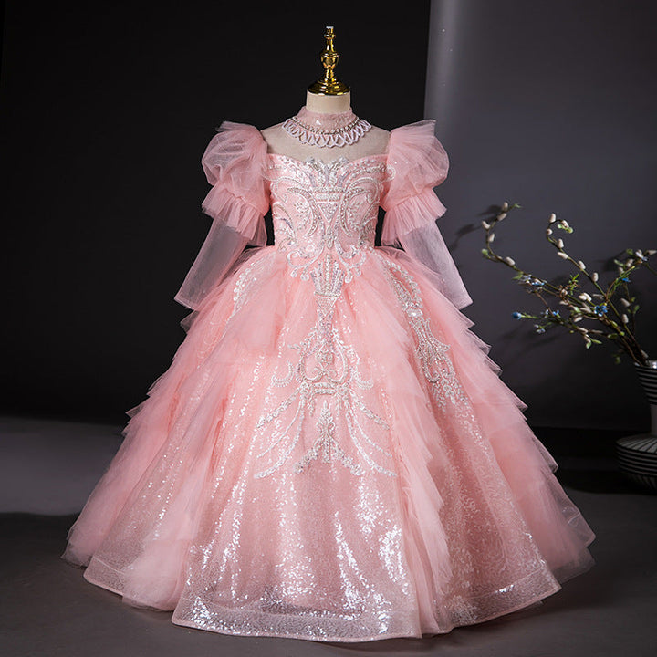 High Neck Long Sleeves Ball Gown Flower Girl Party Dresses with Rhinestone Appliques