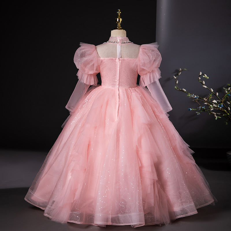 High Neck Long Sleeves Ball Gown Flower Girl Party Dresses with Rhinestone Appliques