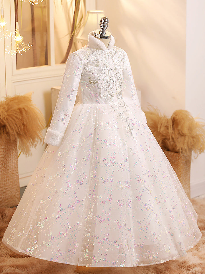 Long Sleeves Ball Gown Shinning Girl Winter Party Dress with Crystal Appliques