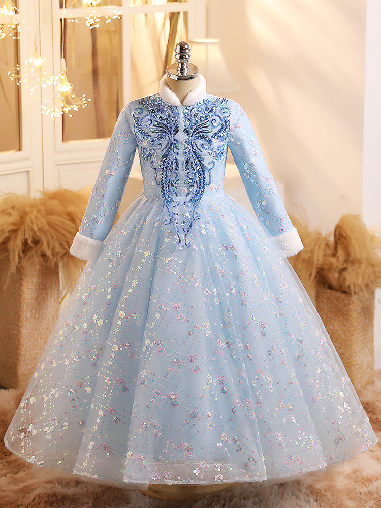 Long Sleeves Ball Gown Shinning Girl Winter Party Dress with Crystal Appliques