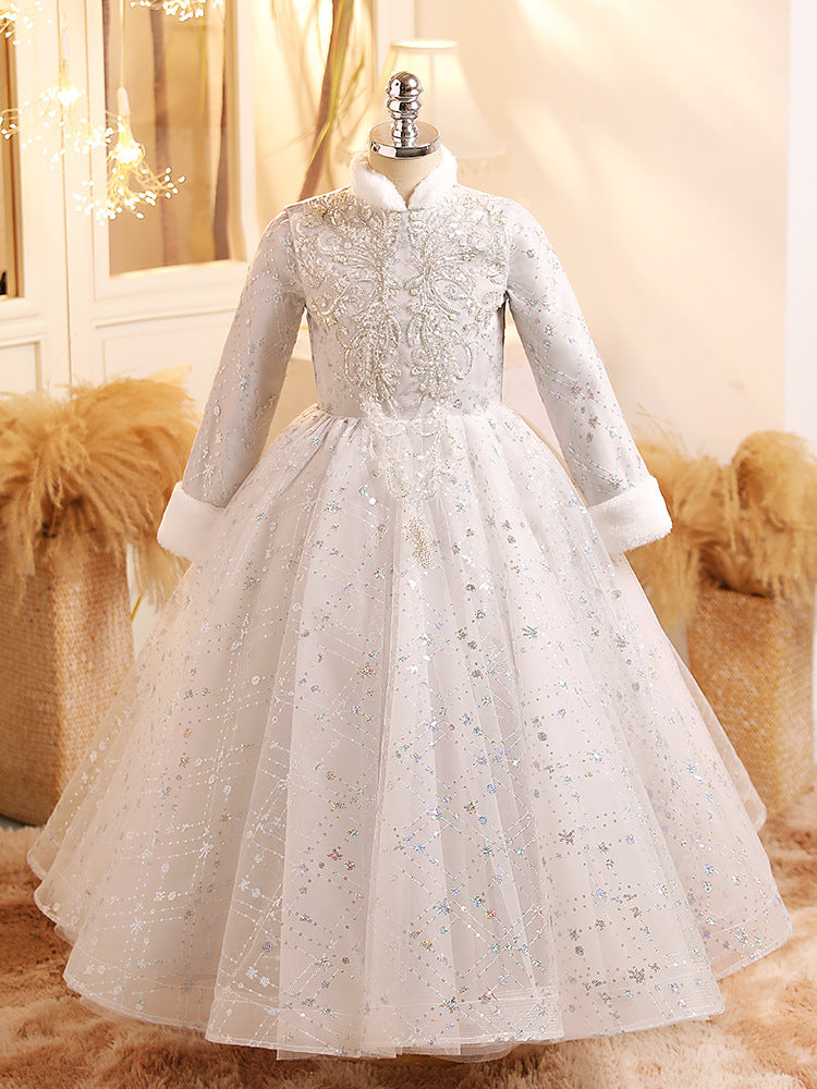 Long Sleeves Ball Gown Shinning Girl Winter Party Dress with Crystal Appliques