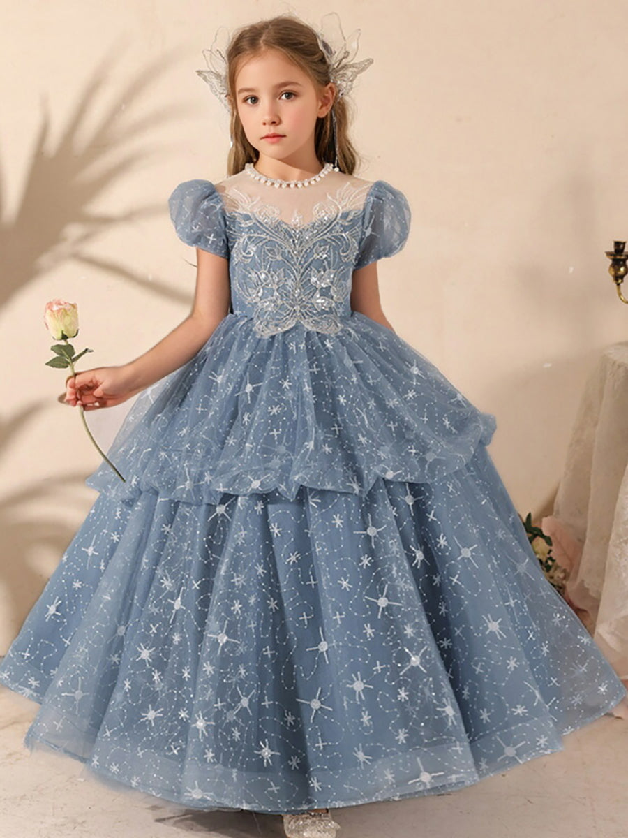 Short Sleeves Ball Gown Beading Round Neck Girl Party Dress with Rhinestones