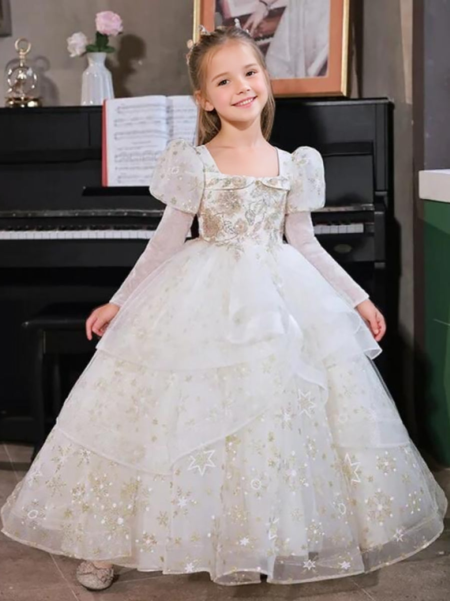 Square Neck Long Sleeves Ball Gown Layered Flower Girl Dresses with Appliques