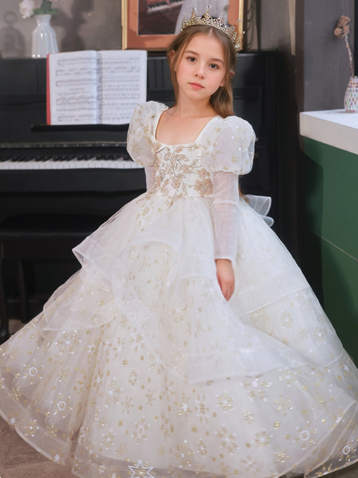 Square Neck Long Sleeves Ball Gown Layered Flower Girl Dresses with Appliques