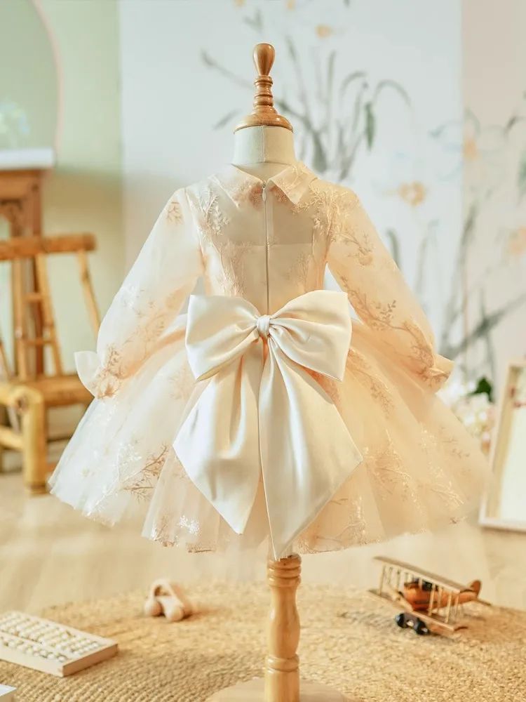 Knee Length Long Sleeves Flower Girl Party Lace Dress with Bow