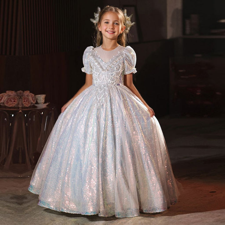 A-Line/Princess Short  Sleeves Shining Flower Girl Party Dress with Rhinestone Appliques