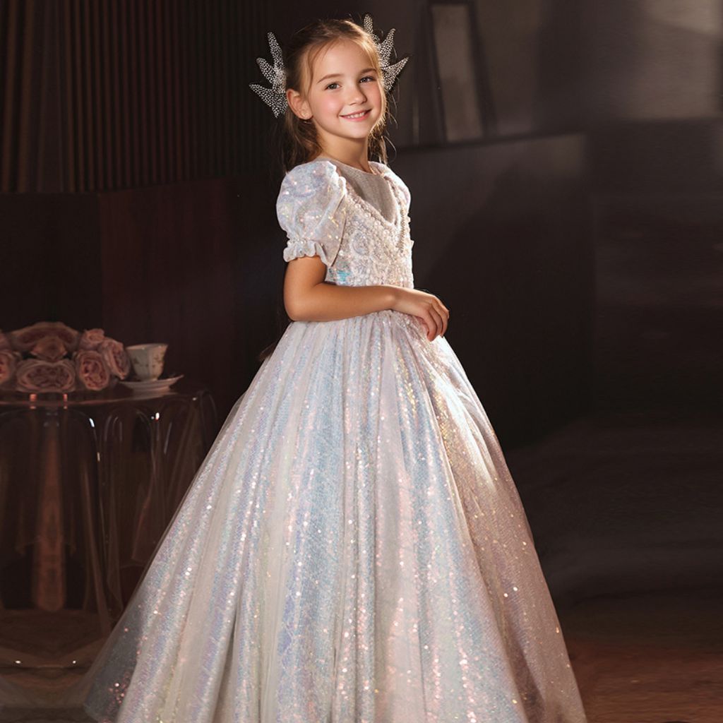 A-Line/Princess Short  Sleeves Shining Flower Girl Party Dress with Rhinestone Appliques