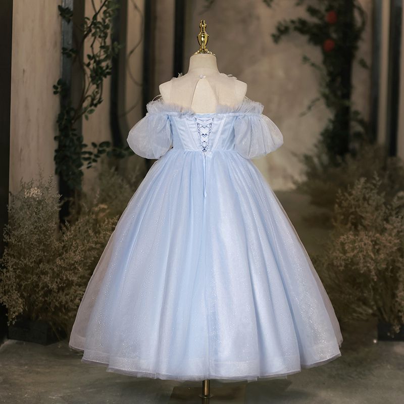 Floor Length Off-the-Shoulder A-Line/Princess Flower Girl Party Dress with Feathers