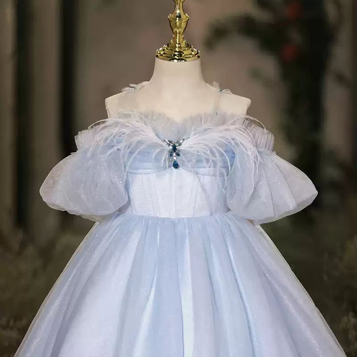 Floor Length Off-the-Shoulder A-Line/Princess Flower Girl Party Dress with Feathers