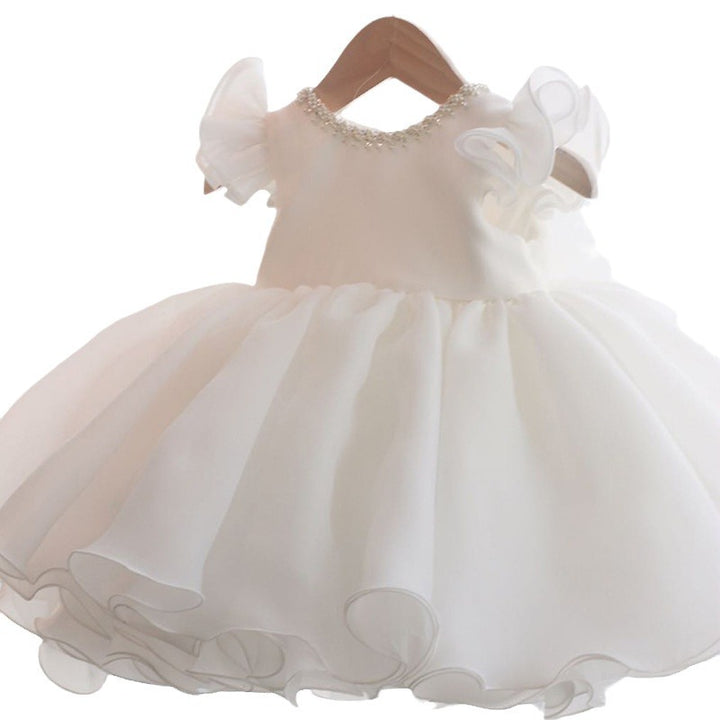 Knee Length Short Sleeves Round Neck Flower Girl Dress with Bow & Crystal