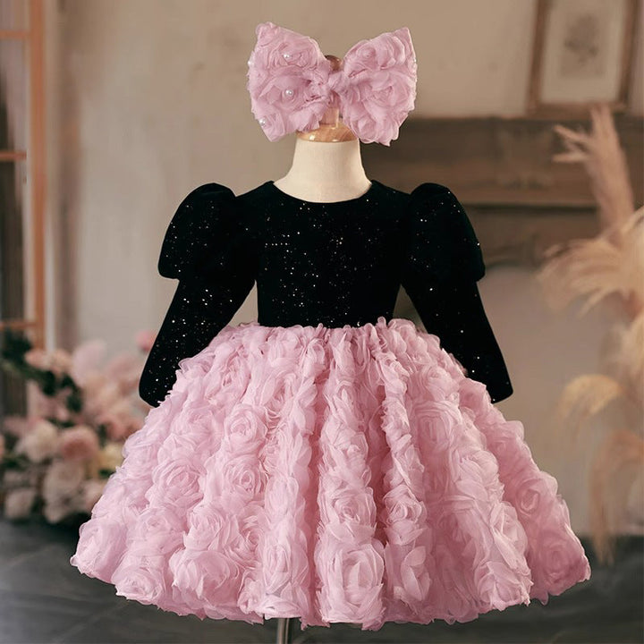 Long Sleeves Knee Length Round Neck Girl Party Dress with Ruched Flowers