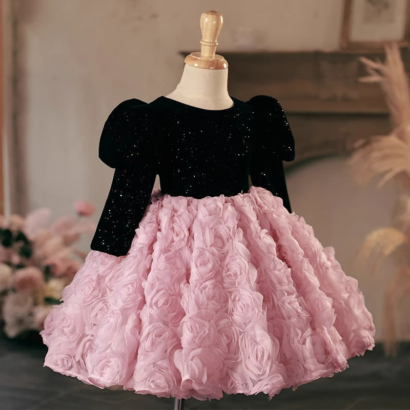 Long Sleeves Knee Length Round Neck Girl Party Dress with Ruched Flowers