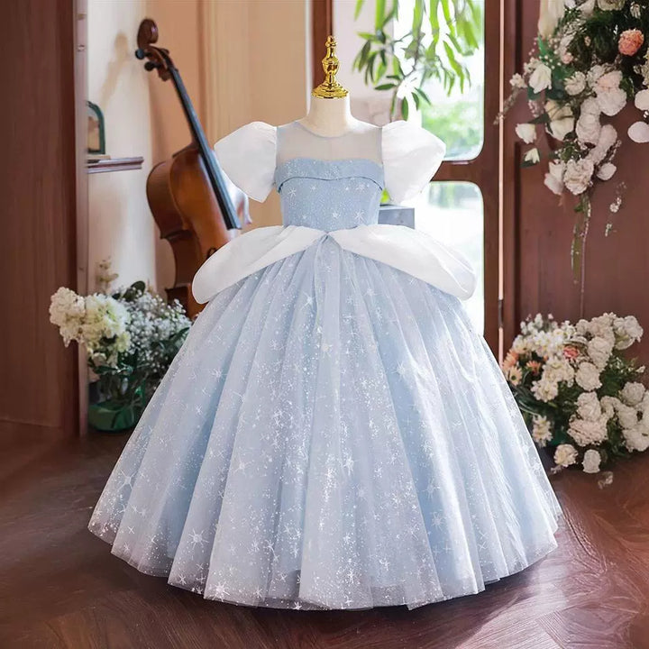 Ball Gown Short Sleeves Round Neck Flower Girl Party Dress with Rhinestone