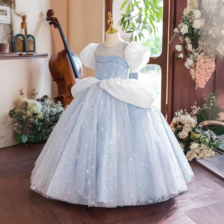 Ball Gown Short Sleeves Round Neck Flower Girl Party Dress with Rhinestone