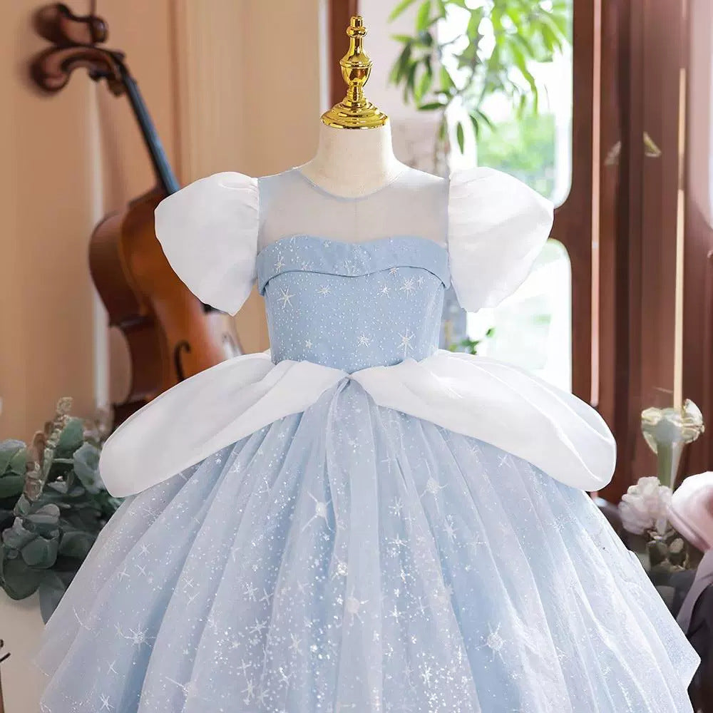 Ball Gown Short Sleeves Round Neck Flower Girl Party Dress with Rhinestone