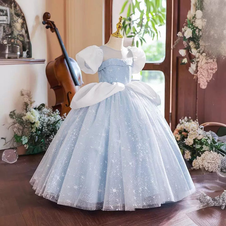 Ball Gown Short Sleeves Round Neck Flower Girl Party Dress with Rhinestone