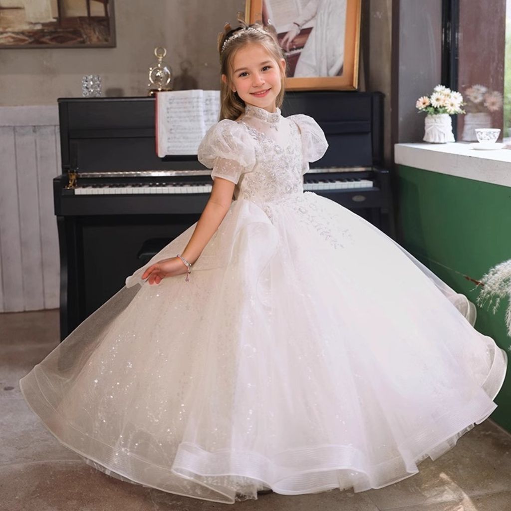 Short Sleeves A-Line/Princess High Neck Flower Girl Dresses with Crystal Appliques