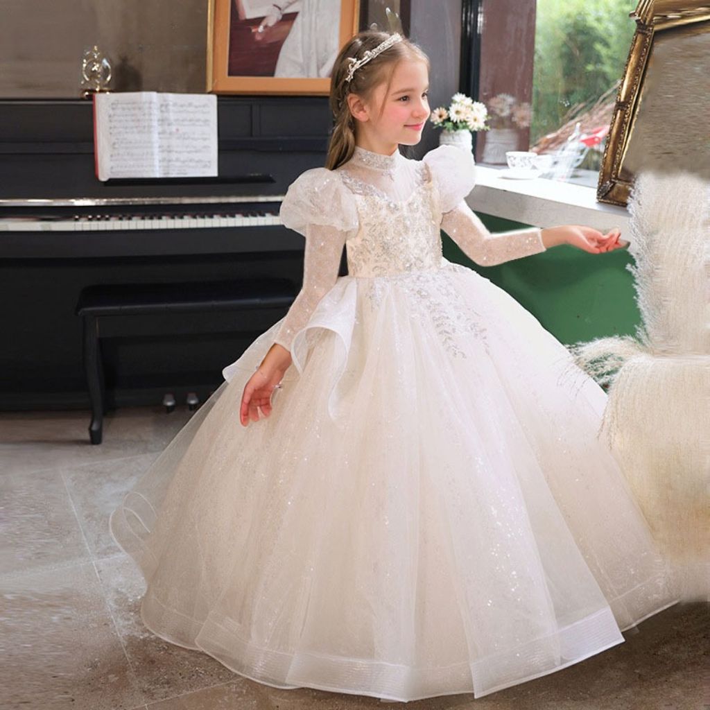 Long Sleeves High Neck Ball Gown Flower Girl Party Dress with Rhinestone Appliques