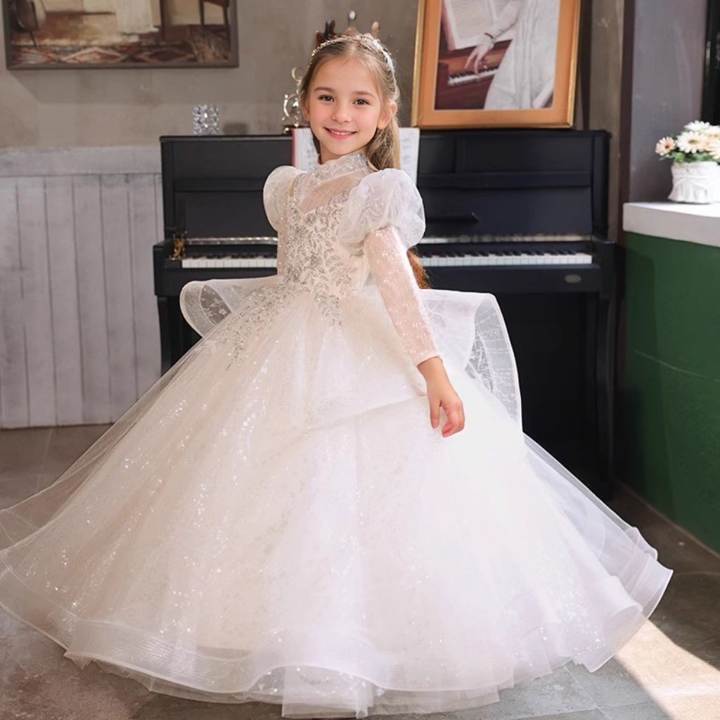 Long Sleeves High Neck Ball Gown Flower Girl Party Dress with Rhinestone Appliques