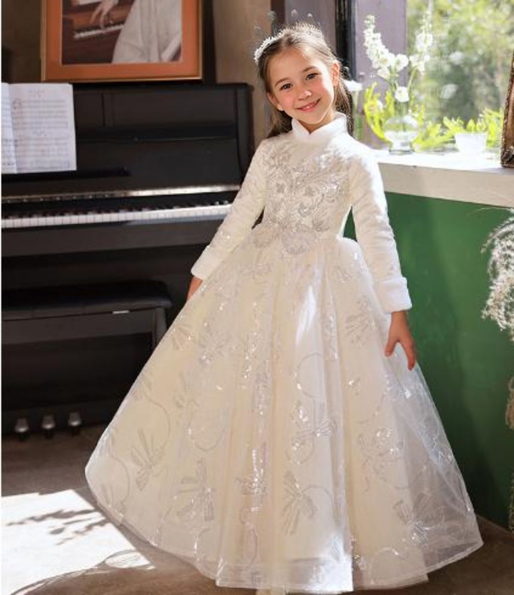 blue dress for baby girl High Neck Long Sleeves Winter A-Line Girl Party Dress with Rhinestone Appliques