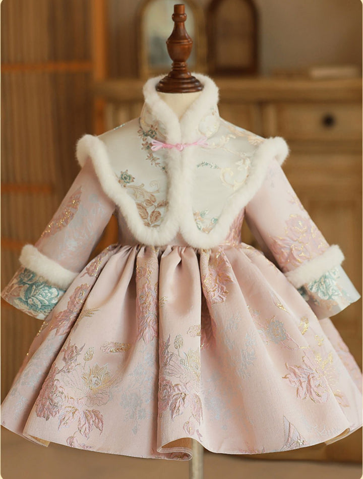 Tea Length High Neck Winter Long Sleeves Embroidery Baby Girl Dress with removed Scarf