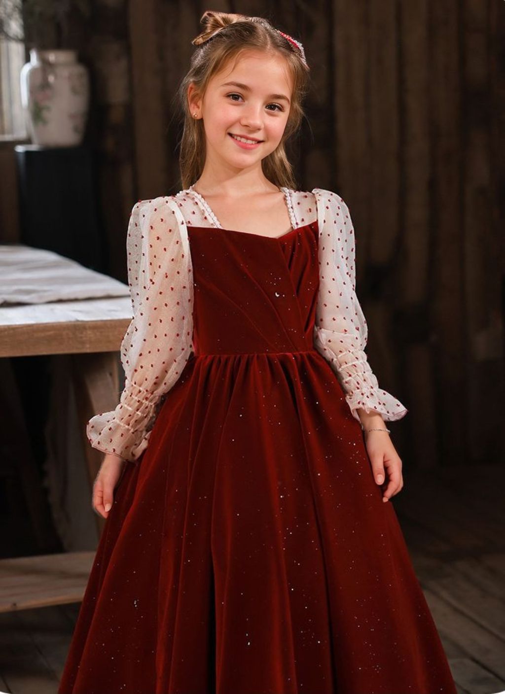 Square Neck Floor Length Princess Long Sleeves Flower Girl Dresses with Beading