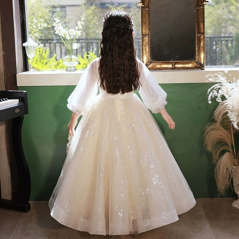 A-Line/Princess 3/4 Sleeves Lace Flower Girl Party Dress with Rhinestone Appliques