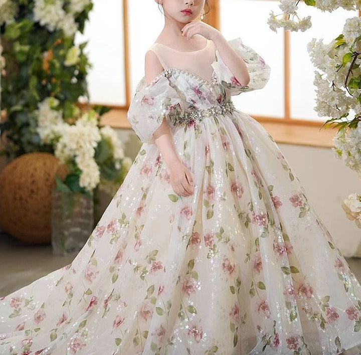 Off-the-Shoulder Rhinestone Belt Princess Flower Girl Party Dresses with Train